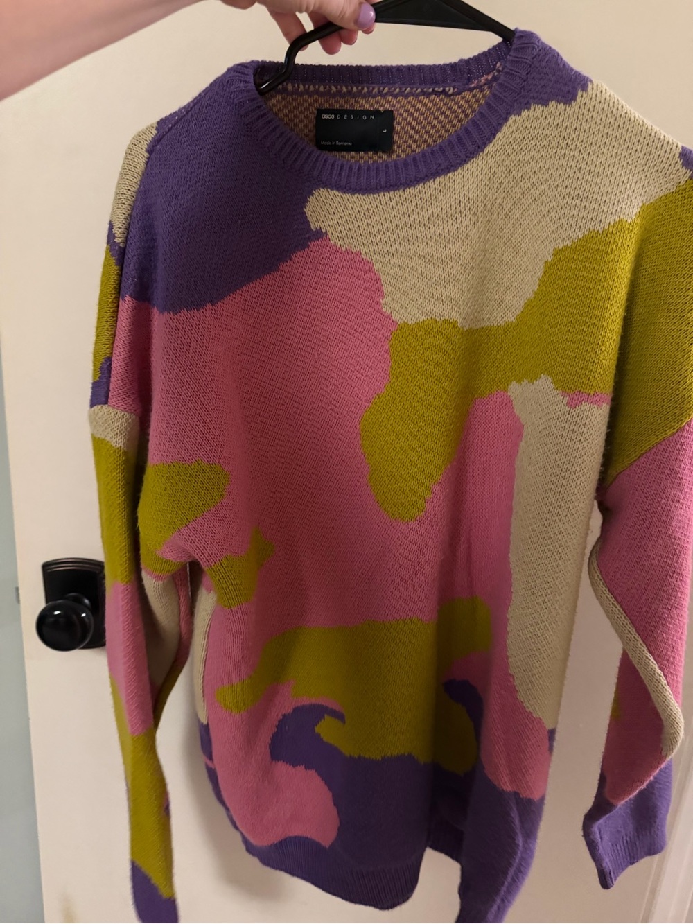 Colorblock Crewneck Sweater in Pink, Purple & Olive - Designer Label